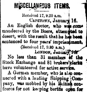 MISCELLANEOUS ITEMS. (Taranaki Daily News 18-1-1900)