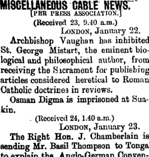 MISCELLANEOUS CABLE NEWS. (Taranaki Daily News 24-1-1900)