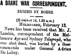 A BRAVE WAR CORRESPONDENT. (Taranaki Daily News 14-2-1900)