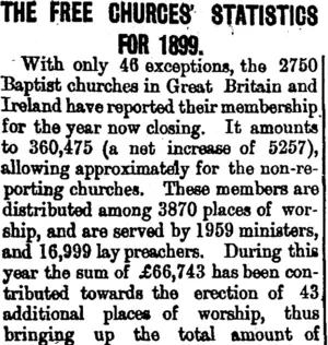 THE FREE CHURCES' STATISTICS FOR 1899. (Taranaki Daily News 24-2-1900)