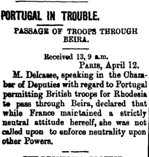 PORTUGAL IN TROUBLE. (Taranaki Daily News 14-4-1900)