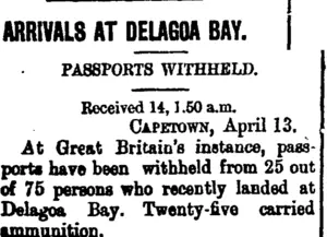 ARRIVALS AT DELAGOA BAY. (Taranaki Daily News 14-4-1900)