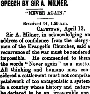 SPEECH BY SIR A. MILNER. (Taranaki Daily News 14-4-1900)