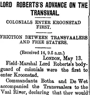 LORD ROBERTS'S ADVANCE ON THE TRANSVAAL. (Taranaki Daily News 15-5-1900)