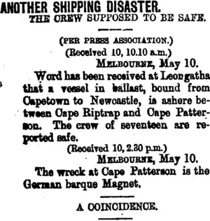 ANOTHER SHIPPING DISASTER. (Taranaki Daily News 11-5-1900)