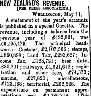 NEW ZEALAND'S REVENUE. (Taranaki Daily News 12-5-1900)