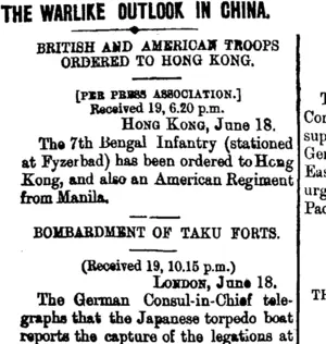 THE WARLIKE OUTLOOK IN CHINA. (Taranaki Daily News 20-6-1900)