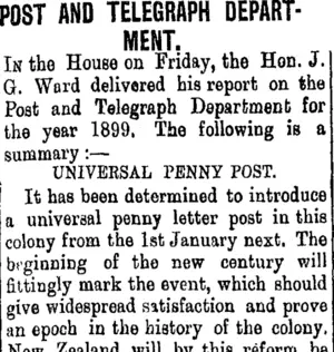 POST AND TELEGRAPH DEPARTMENT. (Taranaki Daily News 20-8-1900)