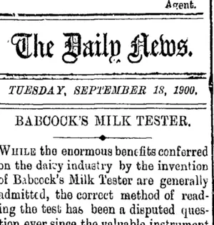 The Daily News. TUESDAY, SEPTEMBER 18, 1900. BABCOCK'S MILK TESTER. (Taranaki Daily News 18-9-1900)