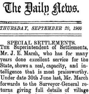 The Daily News. THURSDAY, SEPTEMBER 20, 1900. SPECIAL SETTLEMENTS. (Taranaki Daily News 20-9-1900)