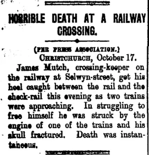 HORRIBLE DEATH AT A RAILWAY CROSSING. (Taranaki Daily News 18-10-1900)