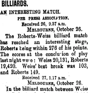 BILLIARDS. (Taranaki Daily News 27-10-1900)