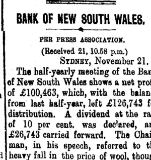 BANK OF NEW SOUTH WALES. (Taranaki Daily News 22-11-1900)