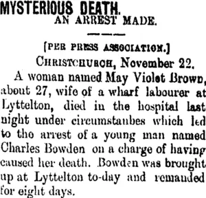 MYSTERIOUS DEATH. (Taranaki Daily News 23-11-1900)