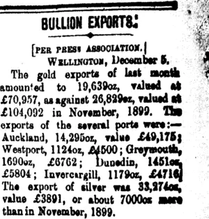 BULLION EXPORTS. (Taranaki Daily News 6-12-1900)