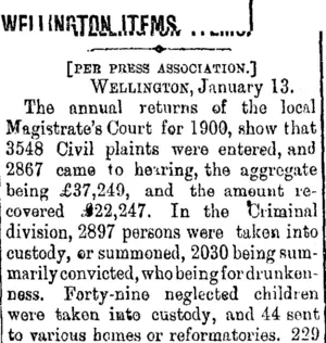 WELLINGTON ITEMS. (Taranaki Daily News 14-1-1901)