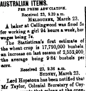 AUSTRALIAN ITEMS. (Taranaki Daily News 25-3-1901)
