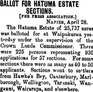 BALLOT FOR HATUMA ESTATE SECTIONS. (Taranaki Daily News 29-4-1901)