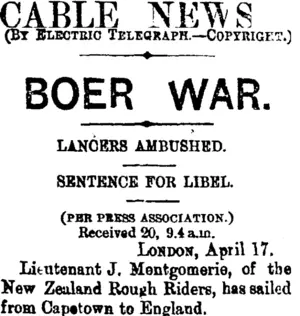 CABLE NEWS (Taranaki Daily News 22-4-1901)