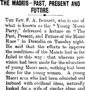 THE MAORIS-PAST, PRESENT AND FUTURE. (Taranaki Daily News 10-5-1901)