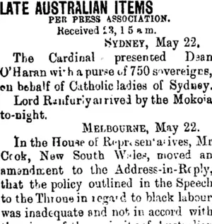 LATE AUSTRALIAN ITEMS. (Taranaki Daily News 23-5-1901)