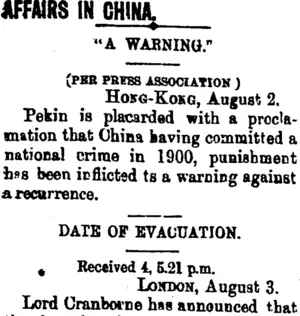 AFFAIRS IN CHINA. (Taranaki Daily News 5-8-1901)