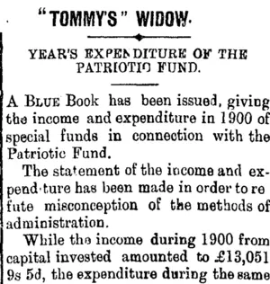 "TOMMY'S" WIDOW. (Taranaki Daily News 24-9-1901)