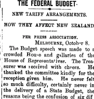 THE FEDERAL BUDGET (Taranaki Daily News 10-10-1901)