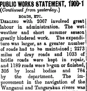 PUBLIC WORKS STATEMENT, 1900-1 (Taranaki Daily News 24-10-1901)