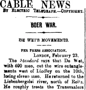 CABLE NEWS (Taranaki Daily News 25-2-1902)