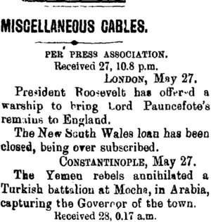 MISCELLANEOUS CABLES. (Taranaki Daily News 28-5-1902)