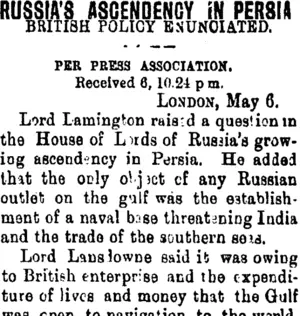 RUSSIA'S ASCENDENCY IN PERSIA. (Taranaki Daily News 7-5-1903)