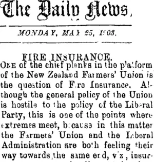 The Daily News, MONDAY, MAY 25, 1903. FIRE INSURANCE. (Taranaki Daily News 25-5-1903)