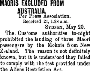 MAORIS EXCLUDED FROM AUSTRALIA. (Taranaki Daily News 21-5-1903)