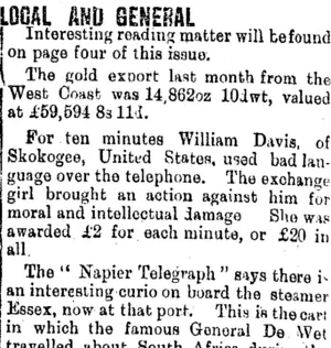 LOCAL AND GENERAL (Taranaki Daily News 4-8-1903)
