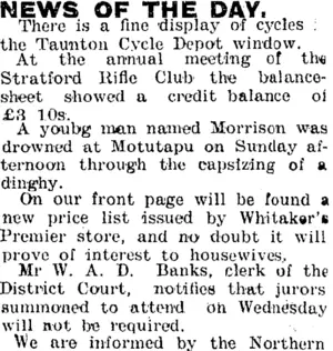 NEWS OF THE DAY. (Taranaki Daily News 17-11-1903)