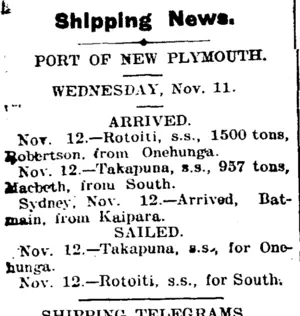 Shipping News. (Taranaki Daily News 13-11-1903)