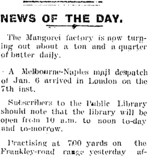 NEWS OF THE DAY. (Taranaki Daily News 10-2-1904)