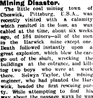 Mining Disaster. (Taranaki Daily News 23-3-1904)