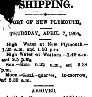 SHIPPING. (Taranaki Daily News 7-4-1904)