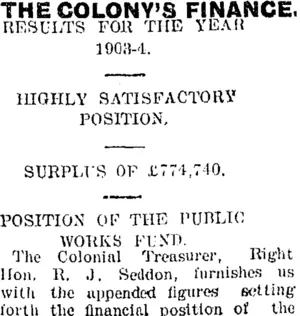 THE COLONY'S FINANCE. (Taranaki Daily News 2-5-1904)