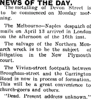 NEWS OF THE DAY. (Taranaki Daily News 20-5-1904)
