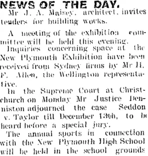 NEWS OF THE DAY. (Taranaki Daily News 22-11-1904)