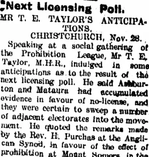 Next Licensing Poll. (Taranaki Daily News 1-12-1904)