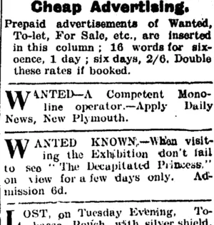 Page 3 Advertisements Column 5 (Taranaki Daily News 4-1-1905)