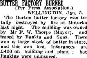BUTTER FACTORY BURNED. (Taranaki Daily News 6-1-1905)