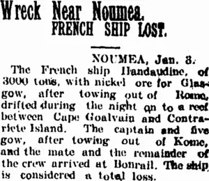 Wreck Near Noumea. (Taranaki Daily News 6-1-1905)