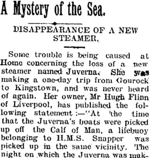 A Mystery of the Sea. (Taranaki Daily News 6-1-1905)