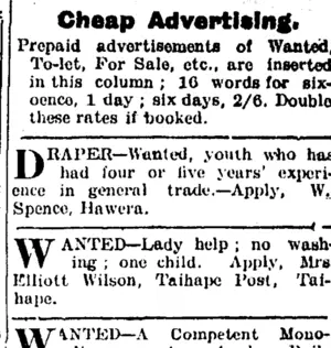Page 3 Advertisements Column 5 (Taranaki Daily News 6-1-1905)