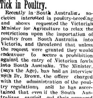 Tick in Poultry. (Taranaki Daily News 6-1-1905)